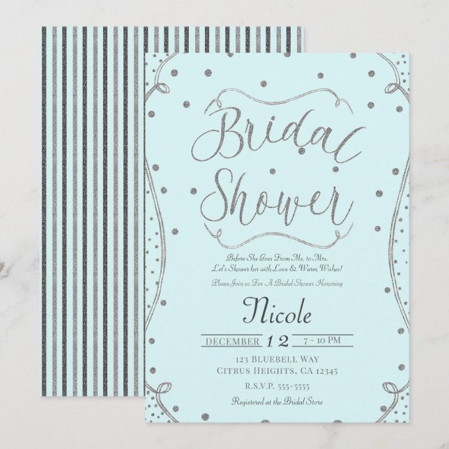 Convites Chá de Bebê Azul Claro e Prata (Frente/Verso)