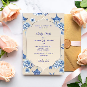 Convites Chá de Bebê Azul Creme Elegante em Chinoiserie