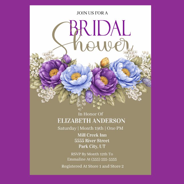 Convites Chá de Bebê Azul e Roxo de Peônia (Elegant blue and purple peony floral bridal shower invitation)
