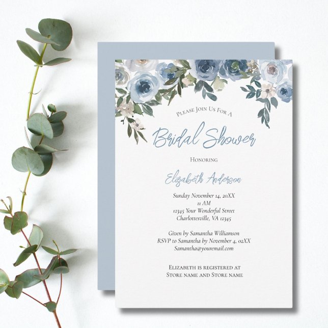Convites Chá de Bebê Azul Floral em Aquarela (Dusty Blue Floral Watercolor Bridal Shower invitation)