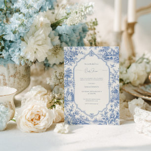 Convites Chá de Bebê Azul Floral Toile Francês Antigo