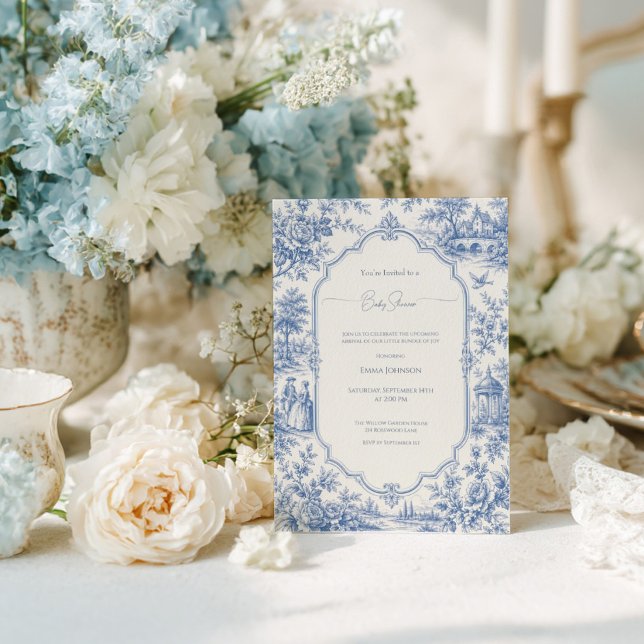 Convites Chá de Bebê Azul Floral Toile Francês Antigo (Criador carregado)