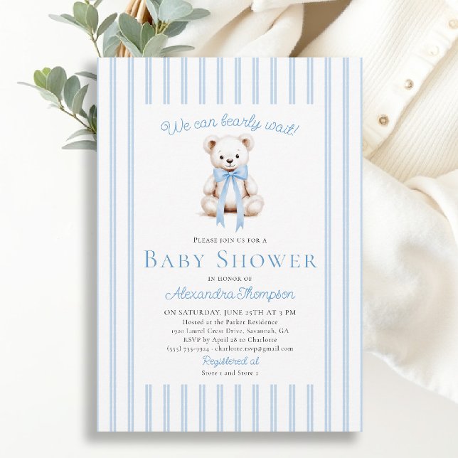 Convites Chá de Bebê Azul Listras Neutras Urso de Pelúcia (bearly wait baby shower invitation traditional classic nursery decor blue stripes teddy bear bow)