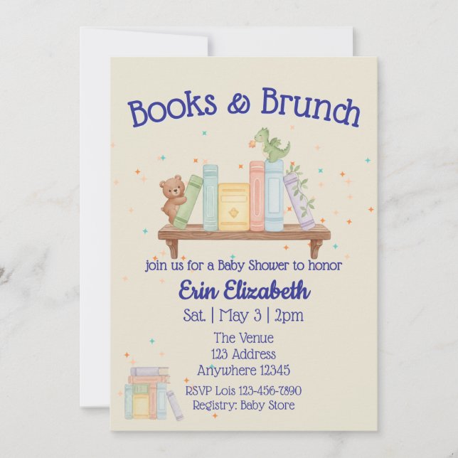 Convites Chá de Bebê Azul Livros & Brunch (Frente)