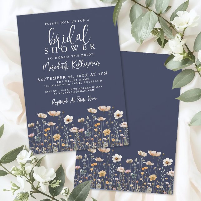 Convites Chá de Bebê Azul Marinho com Flores Silvestres (Wildflower Beige Bridal Shower Invitation)