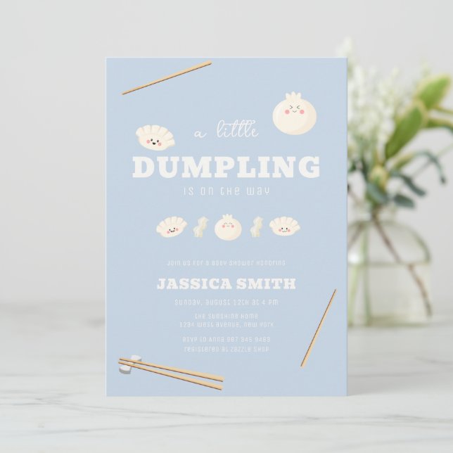 Convites Chá de Bebê Azul Moderno Kawaii Bao Dumpling  (Em pé/Frente)