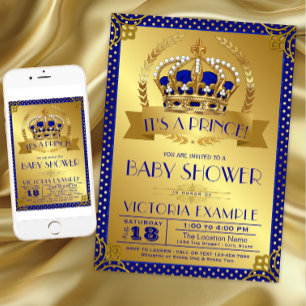 Convites Chá de Bebê Azul Royal Dourado Fancy Prince