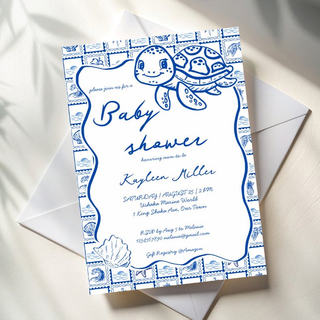 Convites Chá de bebê azul tartaruga fofa debaixo do mar (Under the sea cute turtle blue post stamps wavy border baby shower invitation cards template)