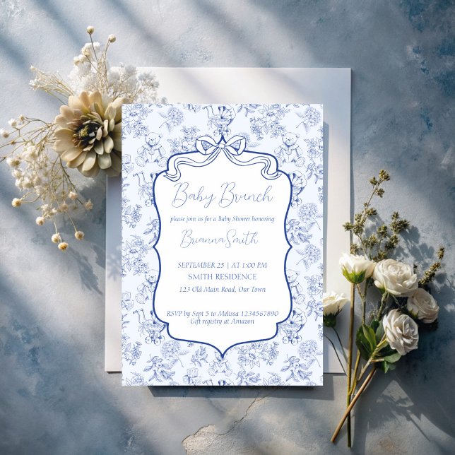Convites Chá de bebê azul toile de jouy esboço brunch de be (Baby brunch blue toile de jouy vintage cute baby toys sketch baby shower invitation template)