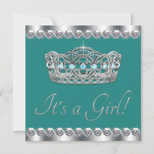 Convites Chá de Bebê Azul Turquesa Elegante Tiara Jade (Frente)