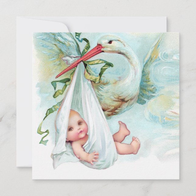 Convites Chá de Bebê Azul Turquesa Vintage Cegonha (Frente)