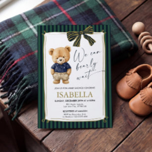 Convites Chá de Bebê Azul Verde Urso Teddy Elegante 