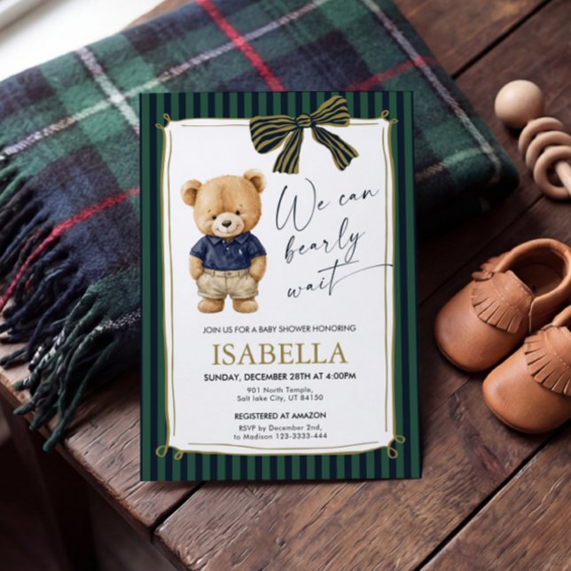 Convites Chá de Bebê Azul Verde Urso Teddy Elegante  (Criador carregado)