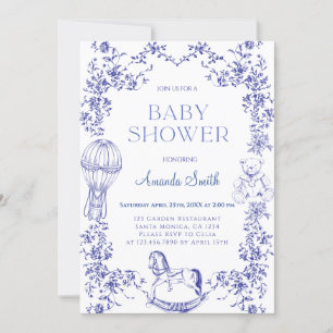 Convites Chá de Bebê Azul Vintage Floral Elegante