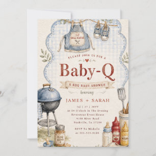 Convites Chá de Bebê Azul Xadrez Rústico Baby Q Churrasco