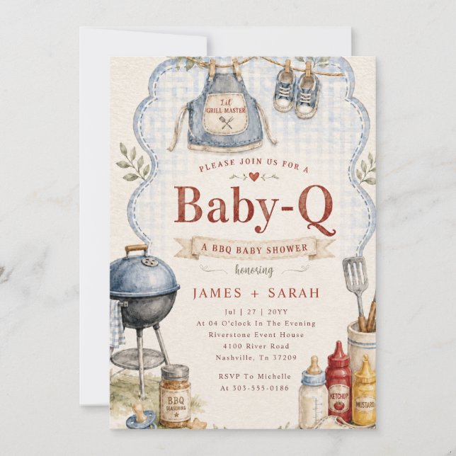 Convites Chá de Bebê Azul Xadrez Rústico Baby Q Churrasco (Frente)