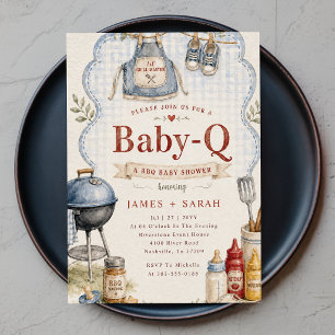 Convites Chá de Bebê Azul Xadrez Rústico Baby Q Churrasco