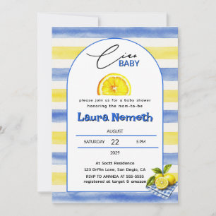 Convites Chá de Bebê Baby Blue & Listras Amarelas Limão