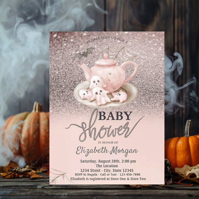 Convites Chá de Bebê Baby Ghosts Teapot Rose Brilho Bokeh (Criador carregado)