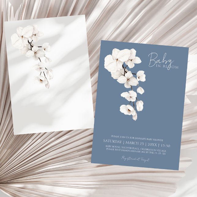 Convites Chá de Bebê Baby In Bloom Azul Poeira Orquídea Bra (Baby in Bloom Dusty Blue White Orchids Baby Shower Invitation)