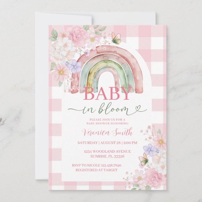 Convites Chá de Bebê Baby in Bloom Boho Arco-íris Rosa (Frente)