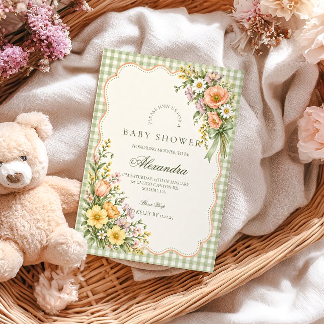 Convites Chá de Bebê Baby in Bloom em Sage Gingham (Criador carregado)