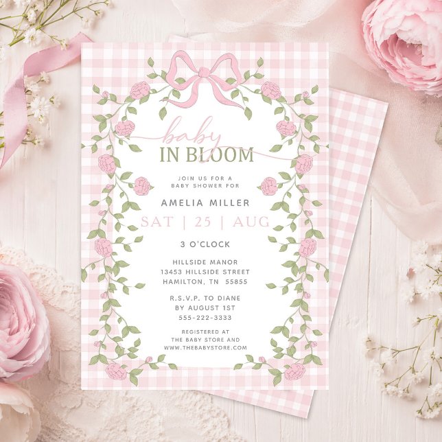 Convites Chá de Bebê Baby in Bloom Floral Rosa Xadrez (Baby in Bloom Floral Pink Gingham Baby Shower Invitation)