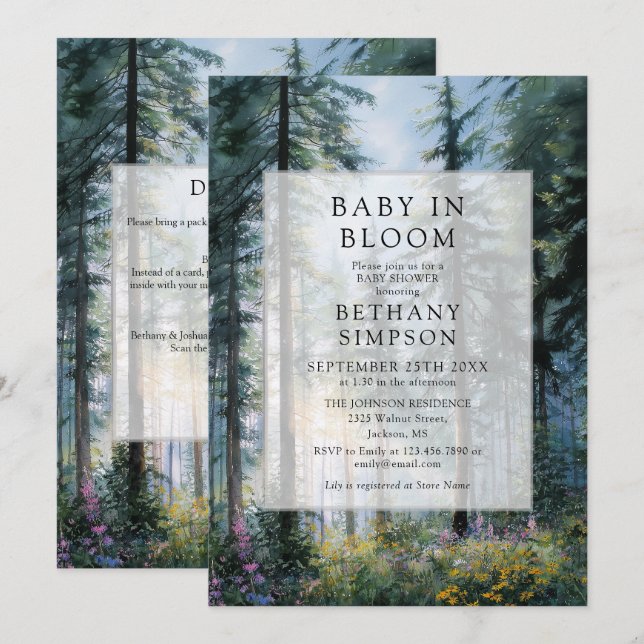 Convites Chá de Bebê Baby in Bloom Floresta Código QR (Frente/Verso)
