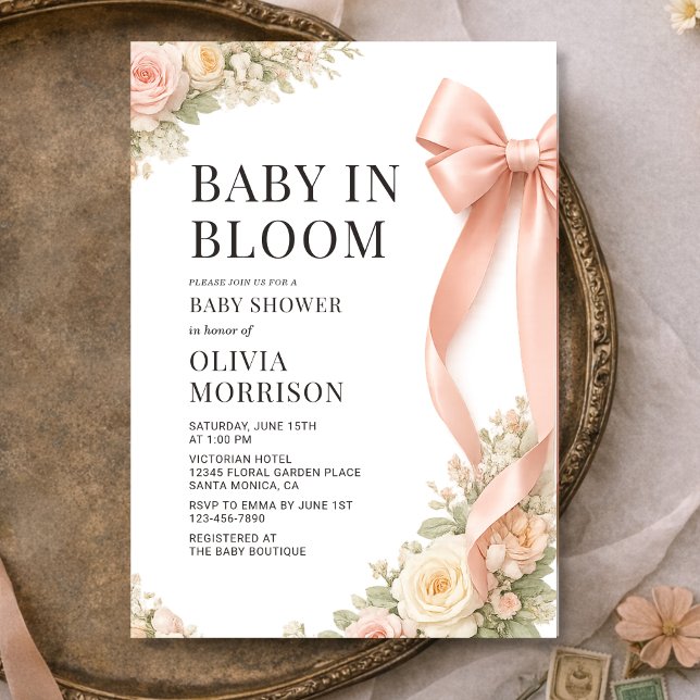 Convites Chá de Bebê Baby In Bloom Laço Rosa Coquette (Criador carregado)