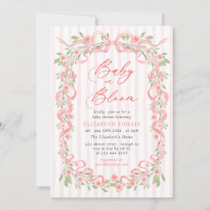 Convites Chá de Bebê Baby in Bloom Laço Rosa Flores Rosas