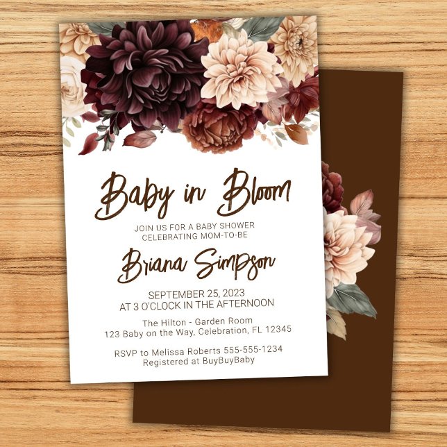 Convites Chá de Bebê Baby in Bloom Marrom Bege Floral (Criador carregado)