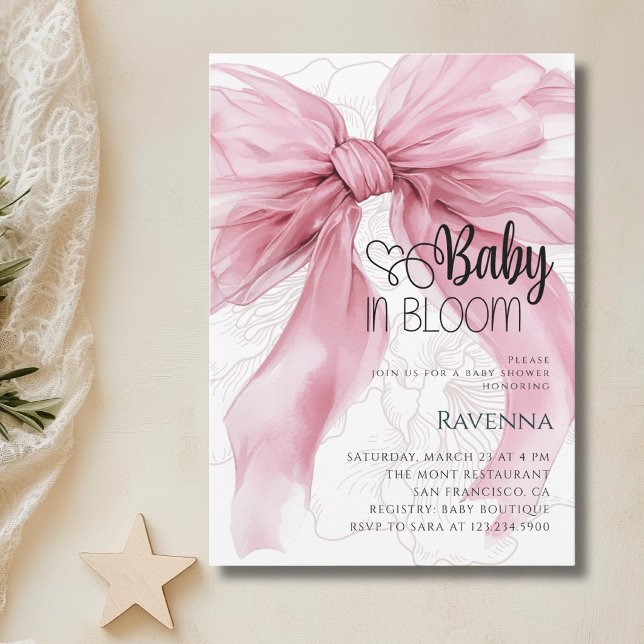 Convites Chá de Bebê Baby in Bloom Preppy Laço Rosa (Criador carregado)