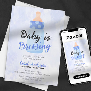 Convites Chá de Bebê Baby is Brewing Blue Bottle Aquarela