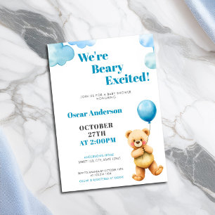 Convites Chá de Bebê Balão de Urso Teddy Aquarela Fofa