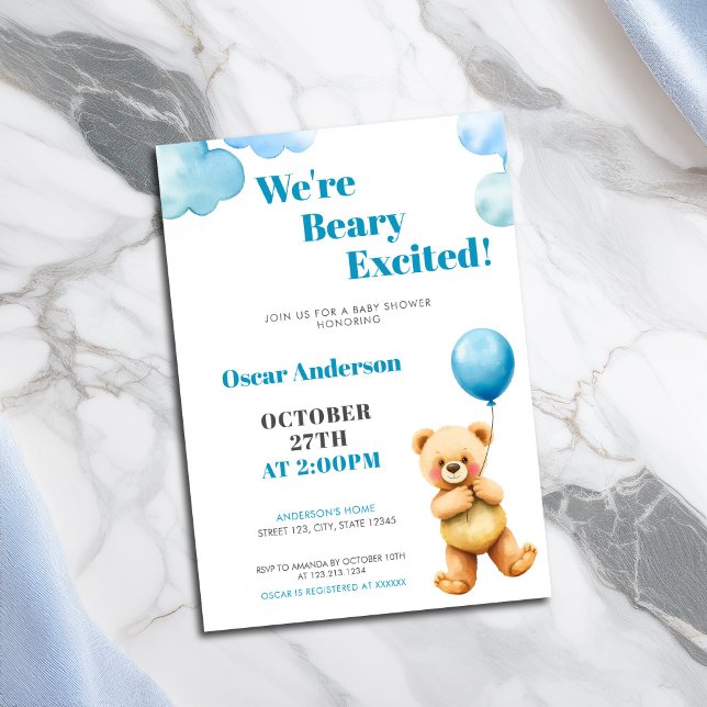 Convites Chá de Bebê Balão de Urso Teddy Aquarela Fofa (Criador carregado)