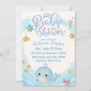 Convites Chá de Bebê Baleia Onda Azul Aquarela