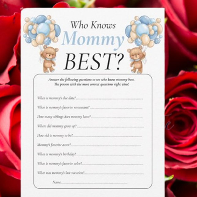 Convites Chá de Bebê. balões de ursinho  Azul Quem Sabe Mam (Celebrate your baby shower with adorable blue teddy bear decor and fun Mommy or Daddy games. )