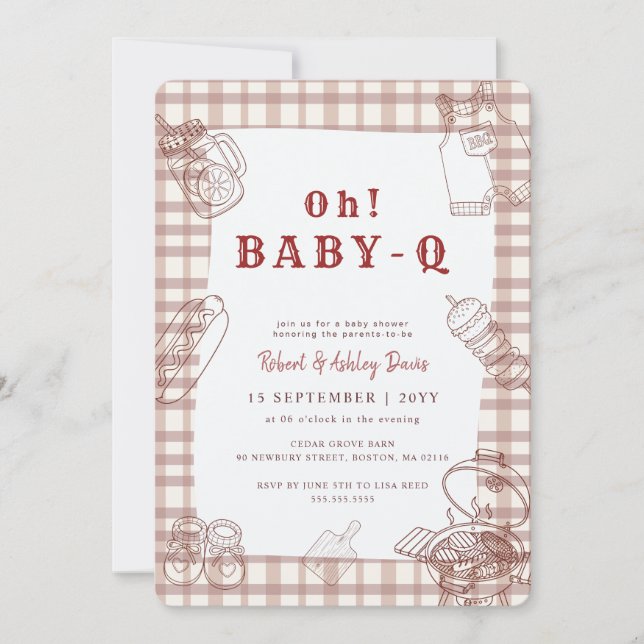 Convites Chá de Bebê Barbecue Rustico de Gingham Baby Q (Frente)