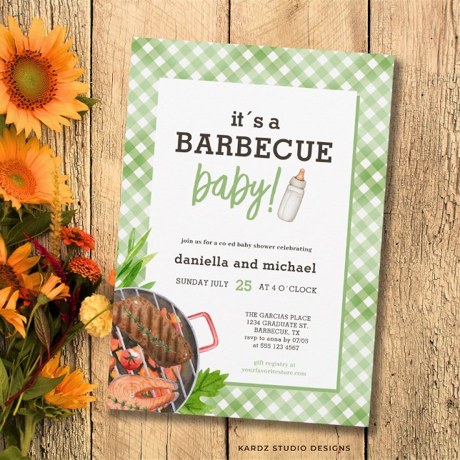 Convites Chá de Bebê Barbecue Rustico Xadrez (The front and back of the invitation are shown at a 5x7 inch. Choose size, paper, + corner style.)
