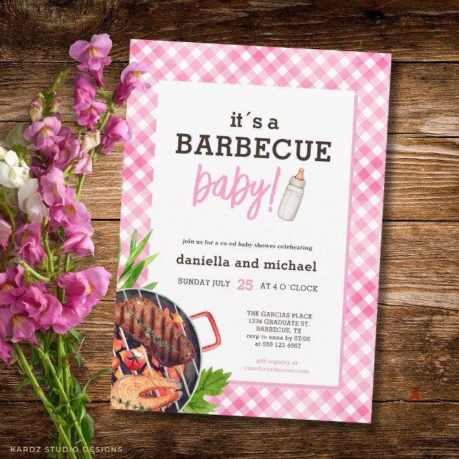 Convites Chá de Bebê Barbecue Xadrez Rústico Rosa (Front of the invitation is shown in 5x7-inch. Choose size, paper, and corner style.)