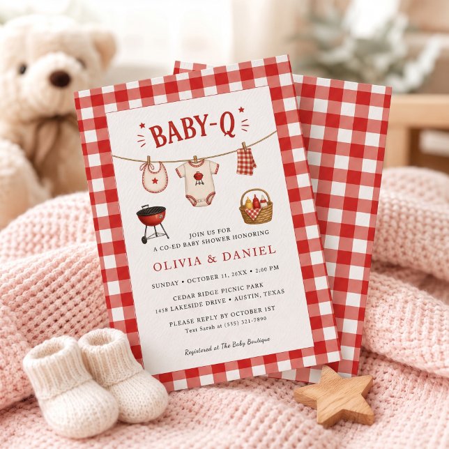 Convites Chá de Bebê BBQ Rustico Xadrez Vermelho (Bbq Baby Shower Rustic Red Gingham Invitation)