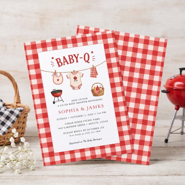Convites Chá de Bebê BBQ Rustico Xadrez Vermelho (Bbq Baby Shower Rustic Red Gingham Invitation)