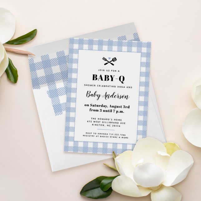 Convites Chá de Bebê BBQ Xadrez Gingham Azul Claro (sweet baby blue gingham sets the tone for a BBQ baby shower)