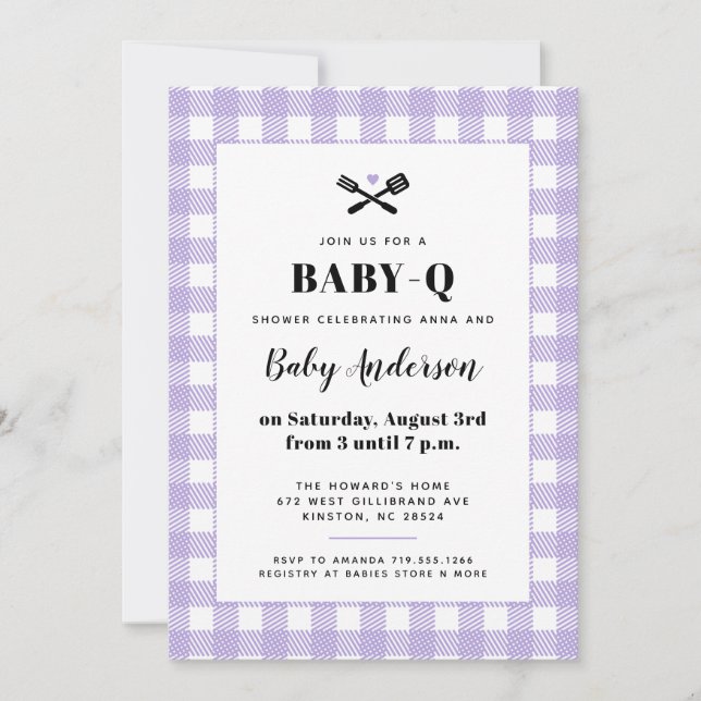 Convites Chá de Bebê BBQ Xadrez Gingham Lilás Suave (Frente)