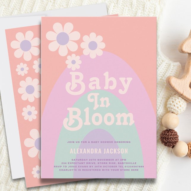 Convites Chá de Bebê Bebê em Flor Boho Dália Arco-íris (Baby in bloom boho rainbow girl baby shower invitation)