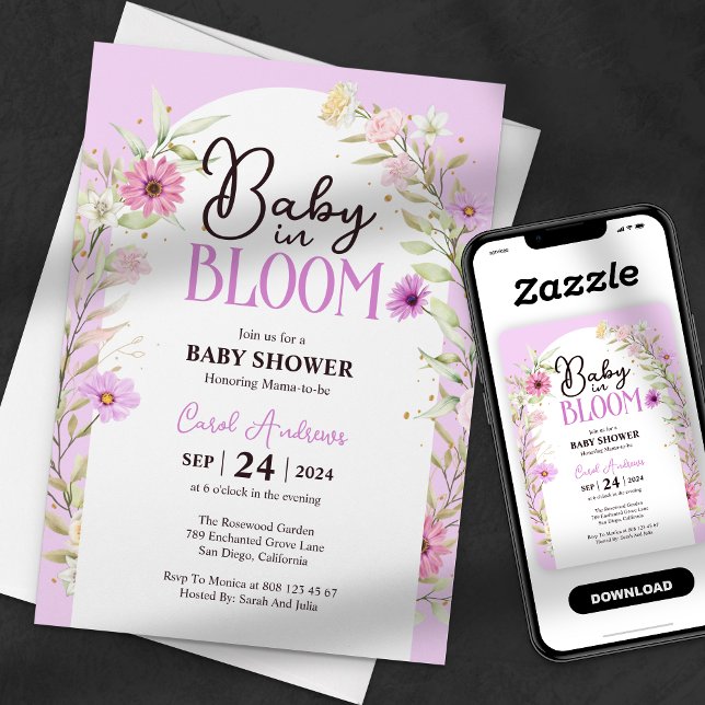 Convites Chá de Bebê Bebê em Flor de Aguarela Roxo (Criador carregado)