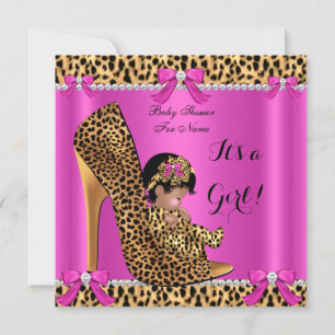 Convites Chá de Bebê Bebê Menina Fofo Leopardo Sapato Rosa 