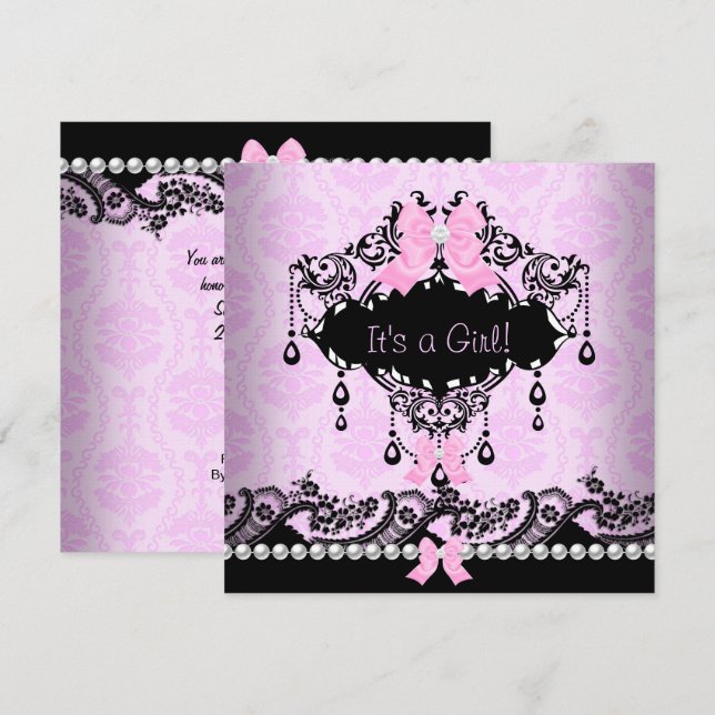 Convites Chá de Bebê Bebê Menina Rosa Preto Damask Laço (Frente/Verso)