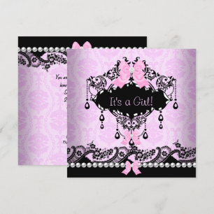 Convites Chá de Bebê Bebê Menina Rosa Preto Damask Laço