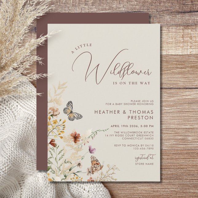 Convites Chá de Bebê Beige Boho Flor Silvestre Borboleta (Criador carregado)